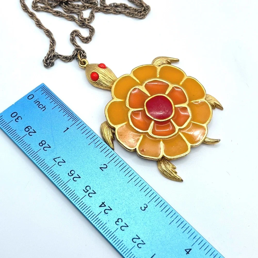 Vintage Enamel Turtle Pendant Necklace Gold Tone Orange Yellow Red